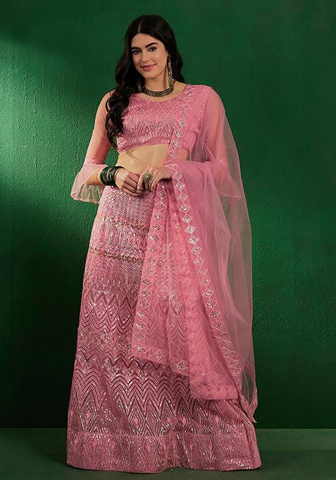PINK Sequin Embroidered Net Lehenga Set