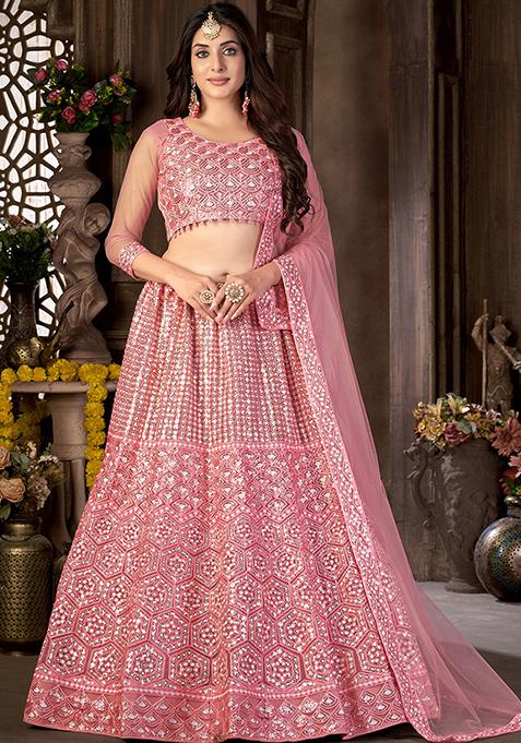 Pink Sequin Embroidered Net Lehenga Set