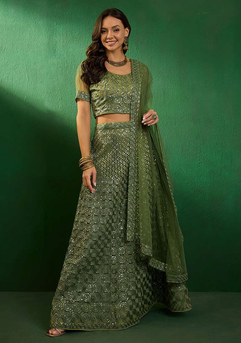 Green Sequin Embroidered Net Lehenga Set - Indya