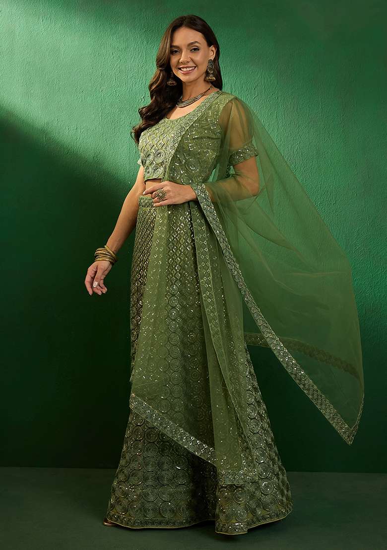 Green Sequin Embroidered Net Lehenga Set - Indya