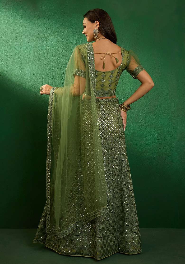 Green Sequin Embroidered Net Lehenga Set - Indya