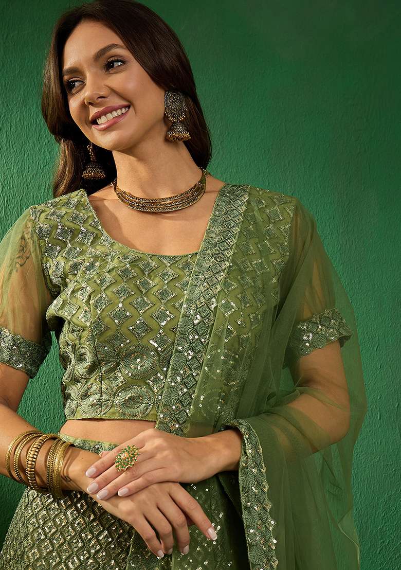 Green Sequin Embroidered Net Lehenga Set - Indya