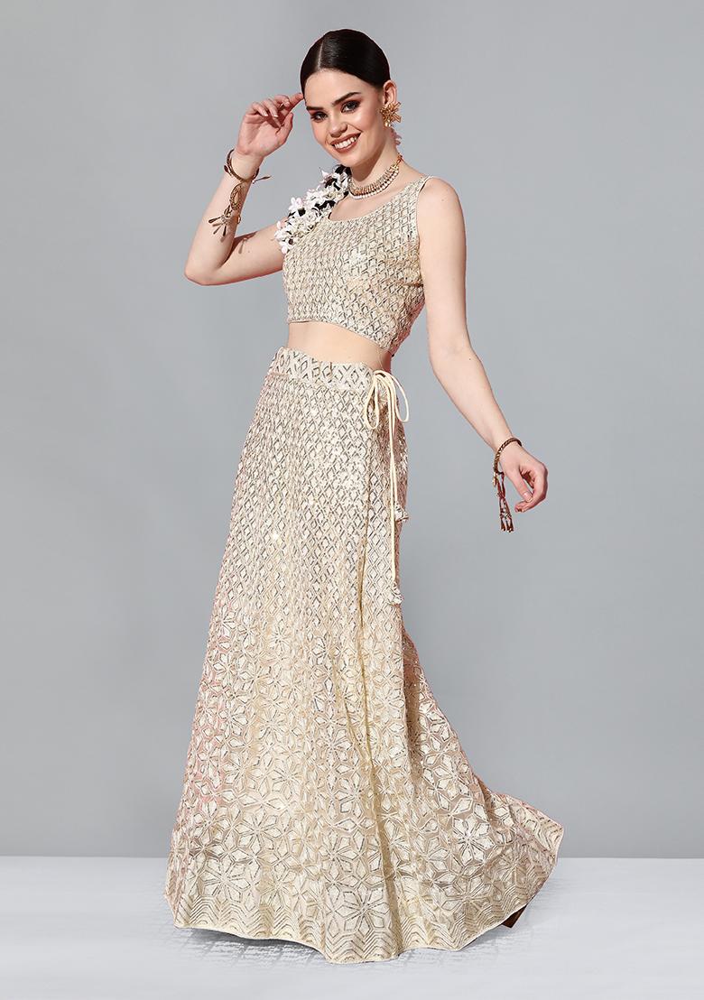 Off White Sequin Embroidered Net Lehenga Set