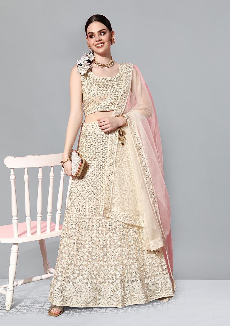 Off White Sequin Embroidered Net Lehenga Set