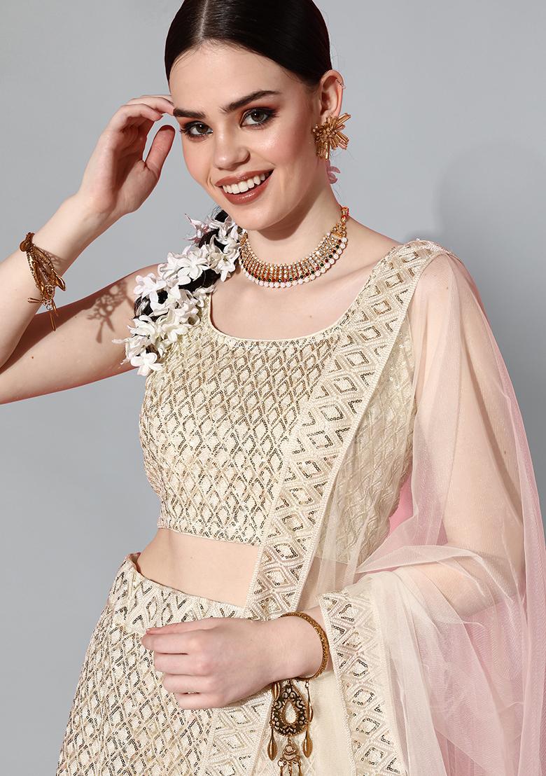 Off White Sequin Embroidered Net Lehenga Set
