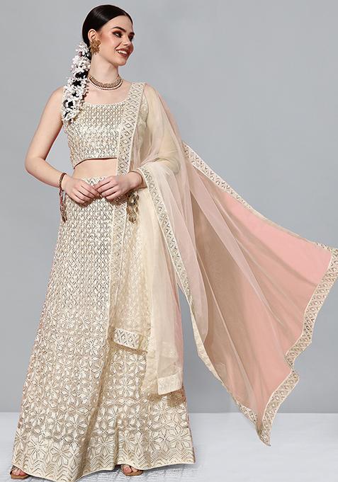 Off White Sequin Embroidered Net Lehenga Set