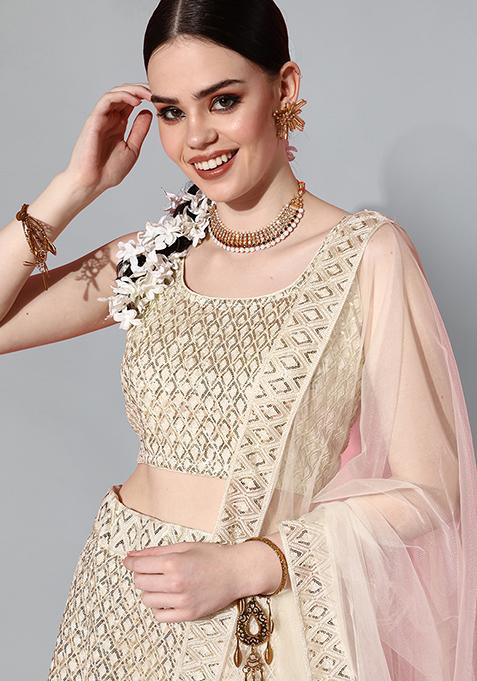 Off White Sequin Embroidered Net Lehenga Set