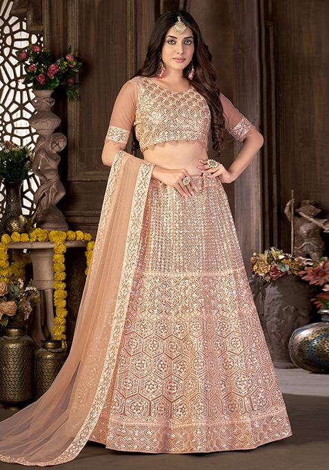 Peach Sequin Embroidered Net Lehenga Set