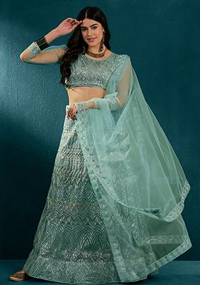 Turquoise Sequin Embroidered Net Lehenga Set