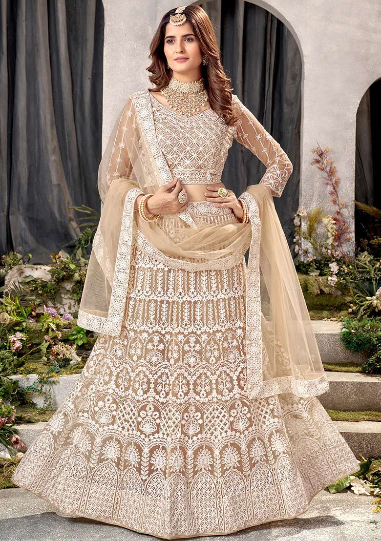 Beige Sequin Embroidered Net Lehenga Set - Indya