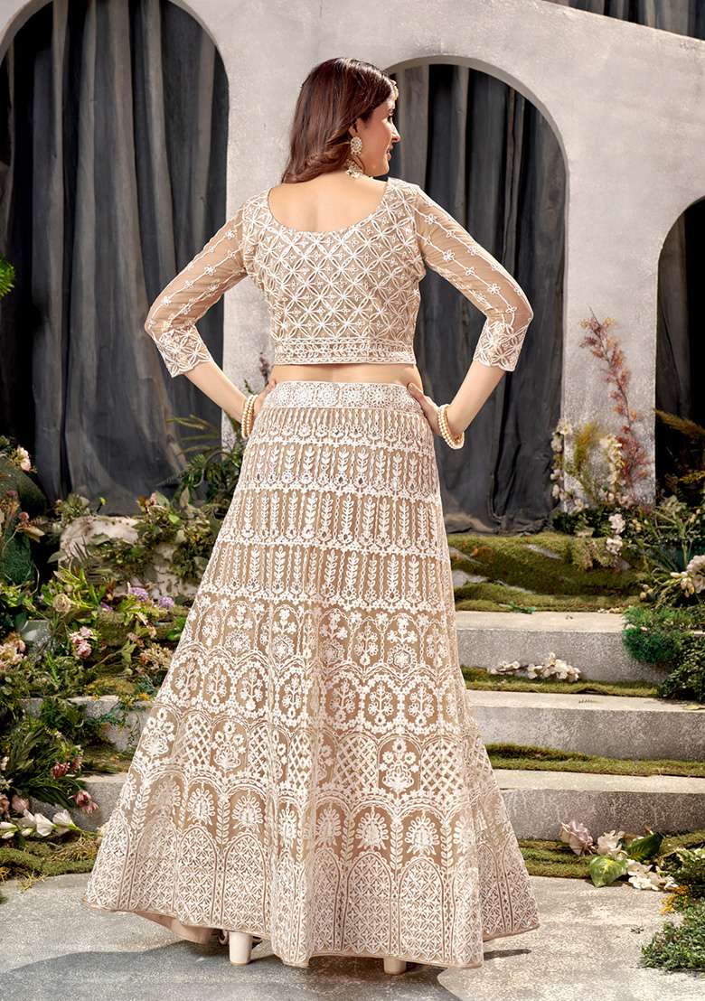 Beige Sequin Embroidered Net Lehenga Set - Indya
