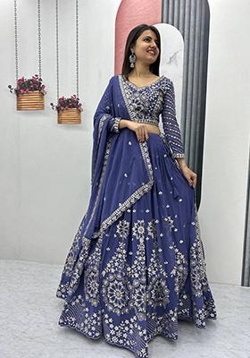 Blue Embroidered Georgette Lehenga Set