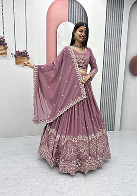 Brown Embroidered Georgette Lehenga Set