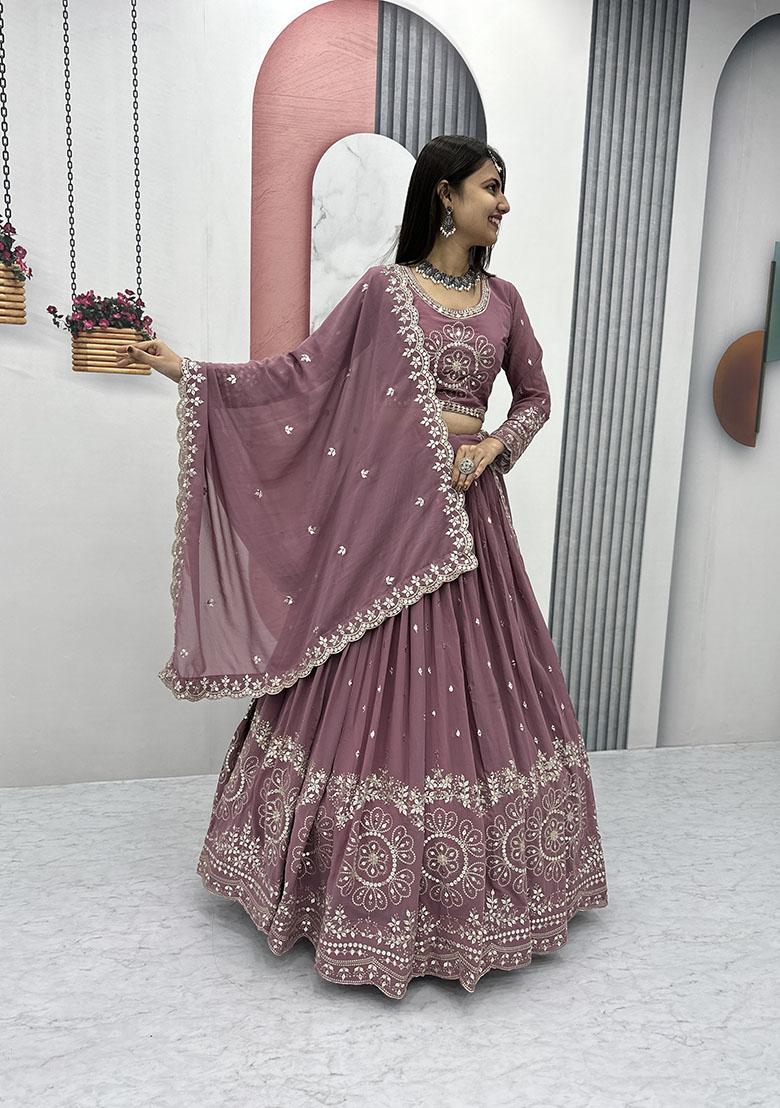 Brown Embroidered Georgette Lehenga Set