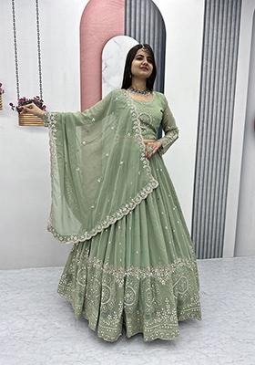 Pista Green Embroidered Georgette Lehenga Set