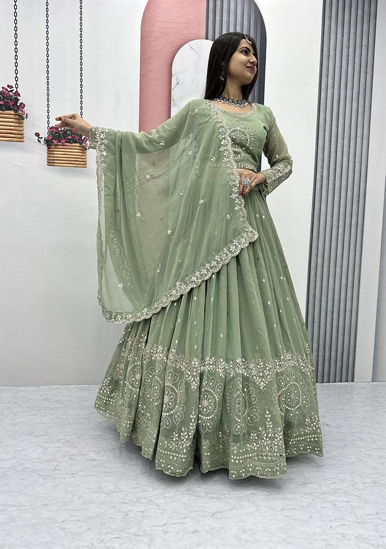 Pista Green Embroidered Georgette Lehenga Set