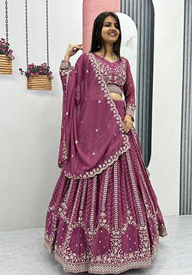 Purple Embroidered Georgette Lehenga Set