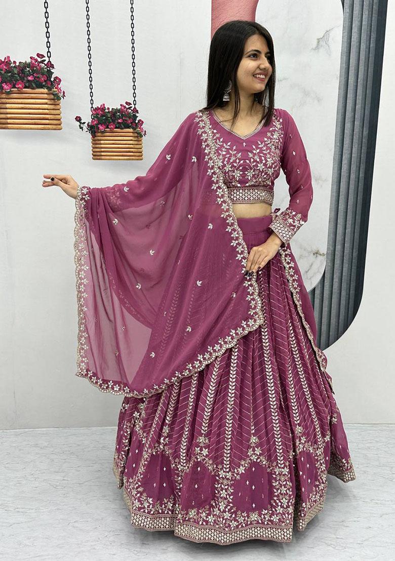 Purple Embroidered Georgette Lehenga Set
