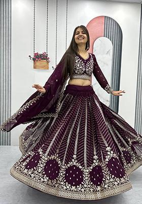 Wine Embroidered Georgette Lehenga Set