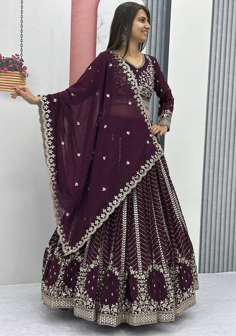 Wine Embroidered Georgette Lehenga Set