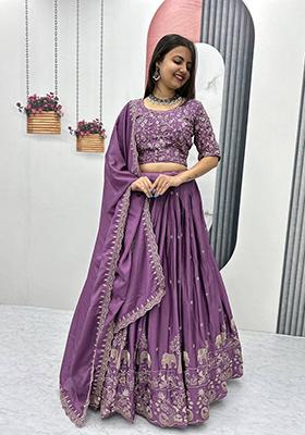 Purple Embroidered Chinon Lehenga Set