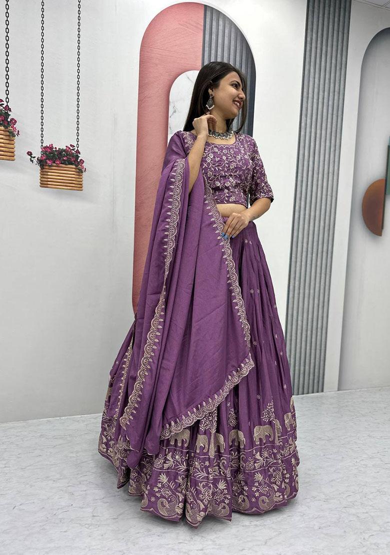 Purple Embroidered Chinon Lehenga Set