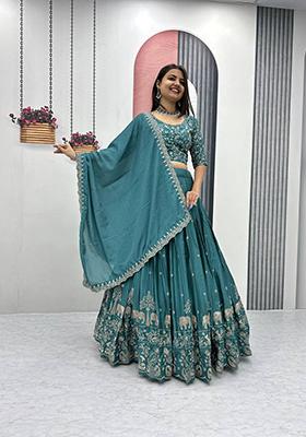 Green Embroidered Chinon Lehenga Set