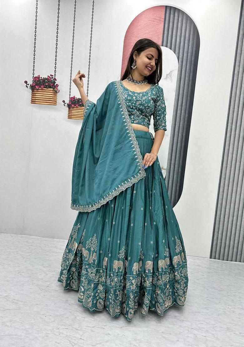Green Embroidered Chinon Lehenga Set