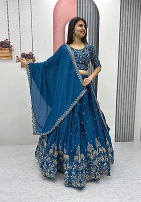 Blue Embroidered Chinon Lehenga Set