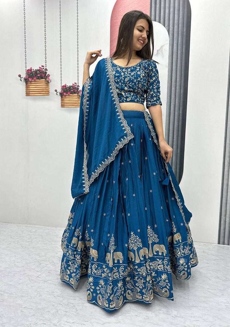 Blue Embroidered Chinon Lehenga Set