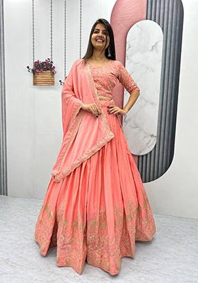 Peach Embroidered Chinon Lehenga Set
