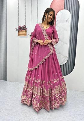 Peach Embroidered Georgette Lehenga Set