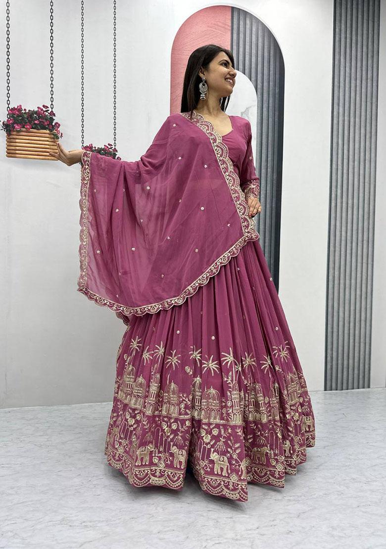 Peach Embroidered Georgette Lehenga Set