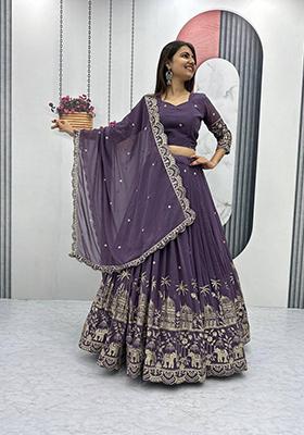 Purple Embroidered Georgette Lehenga Set