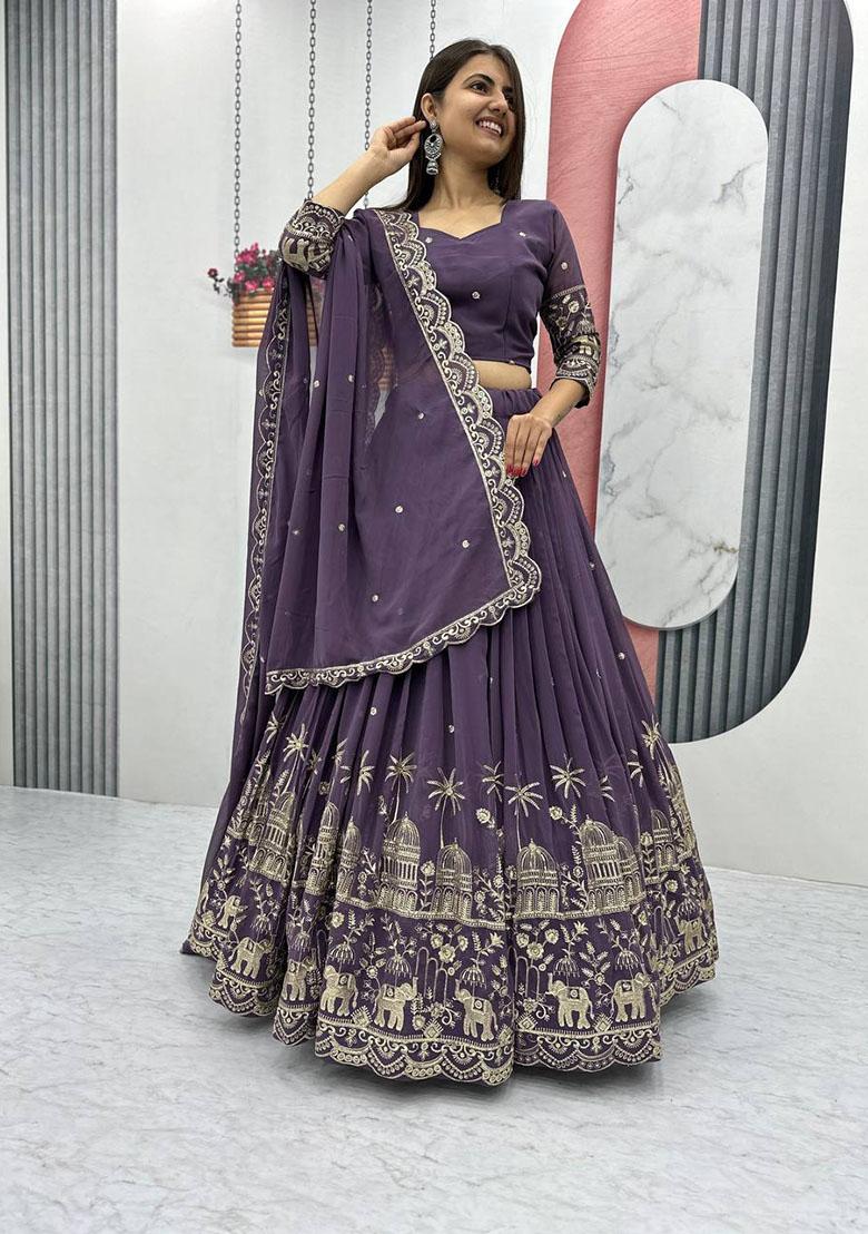Purple Embroidered Georgette Lehenga Set