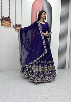 Blue Embroidered Georgette Lehenga Set