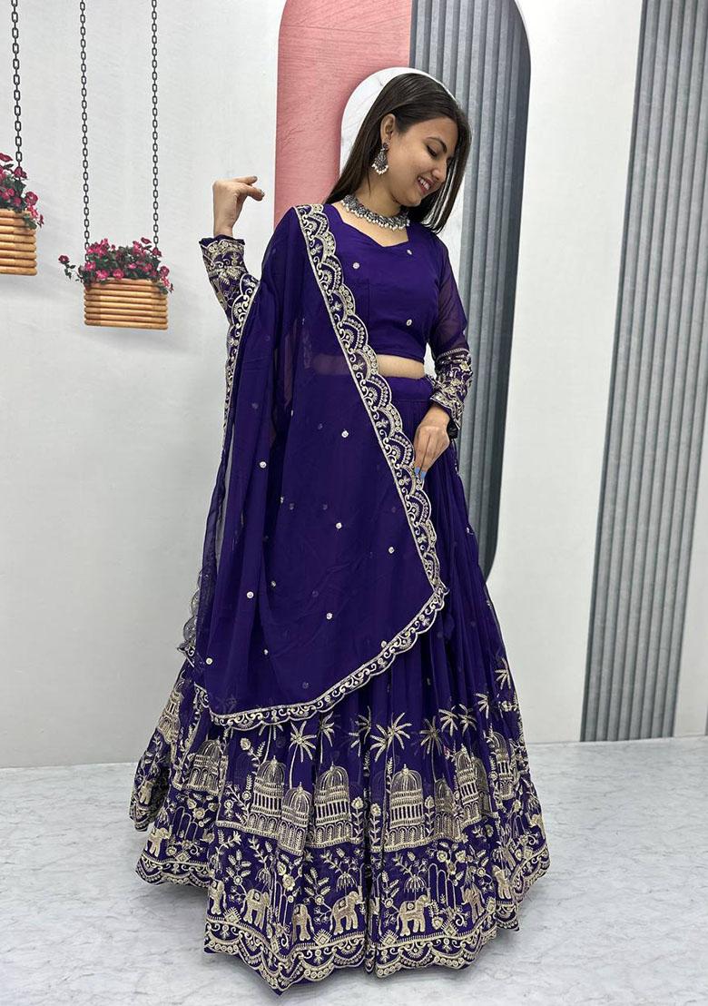 Blue Embroidered Georgette Lehenga Set