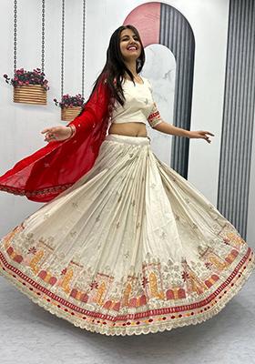 Off White Embroidered Silk Lehenga Set