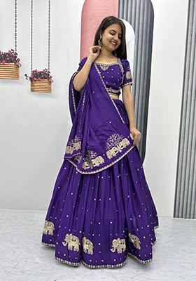 Blue Embroidered Chinon Lehenga Set