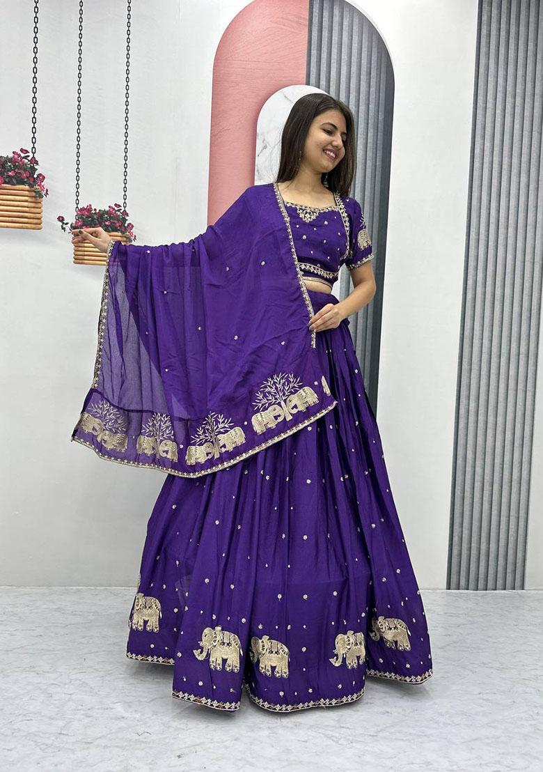 Blue Embroidered Chinon Lehenga Set