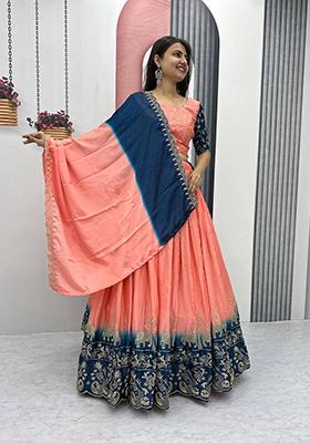 Peach Embroidered Chinon Lehenga Set