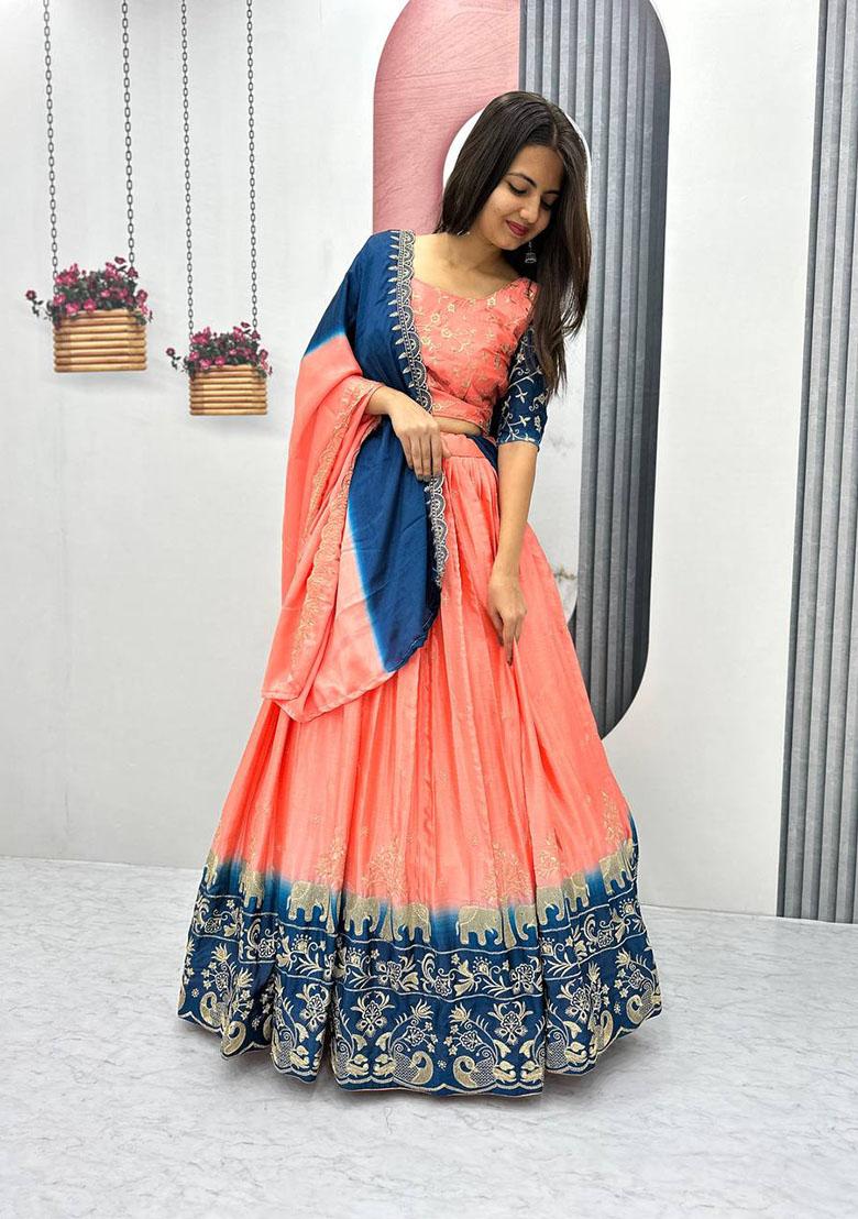Peach Embroidered Chinon Lehenga Set