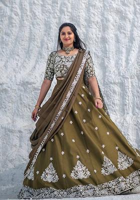 Brown Embroidered Chinon Lehenga Set