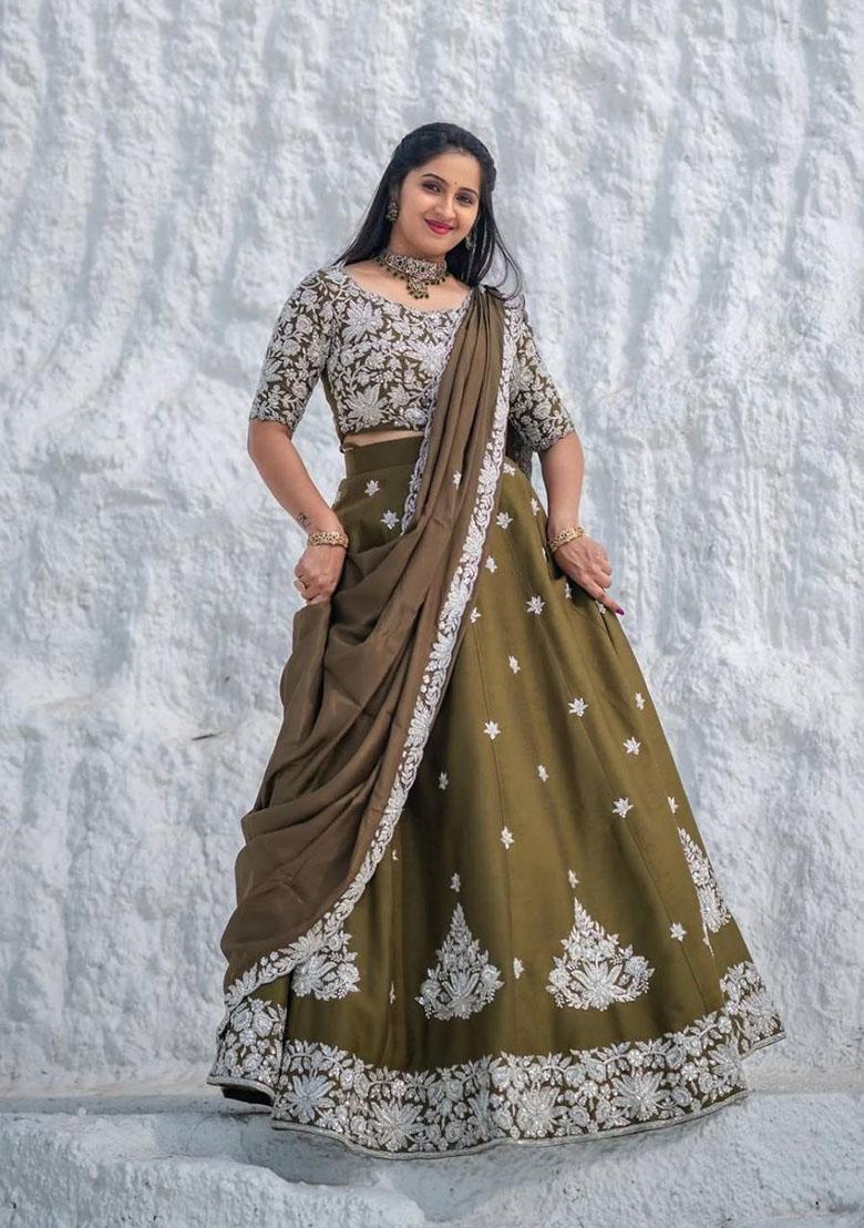 Brown Embroidered Chinon Lehenga Set