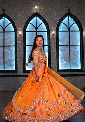 Orange Embroidered Chinon Lehenga Set