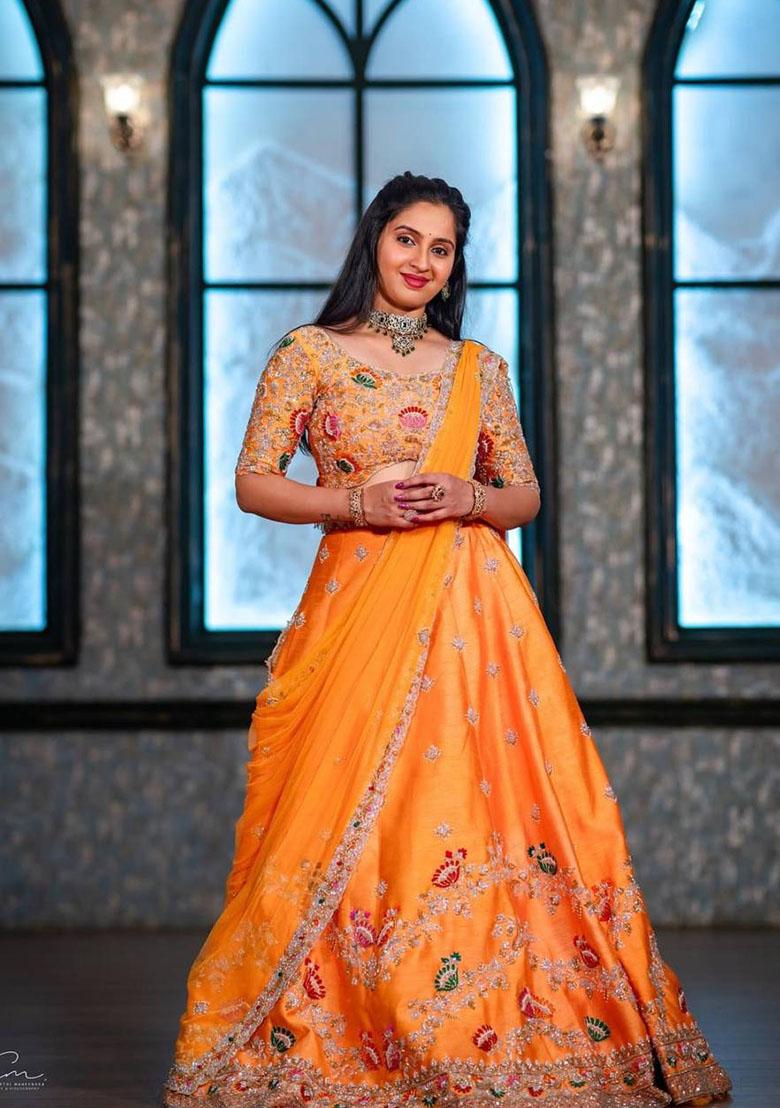 Orange Embroidered Chinon Lehenga Set