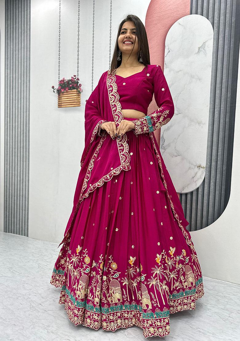 Rani Pink Embroidered Chinon Lehenga Set