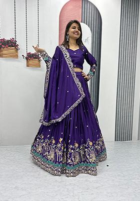 Blue Embroidered Chinon Lehenga Set
