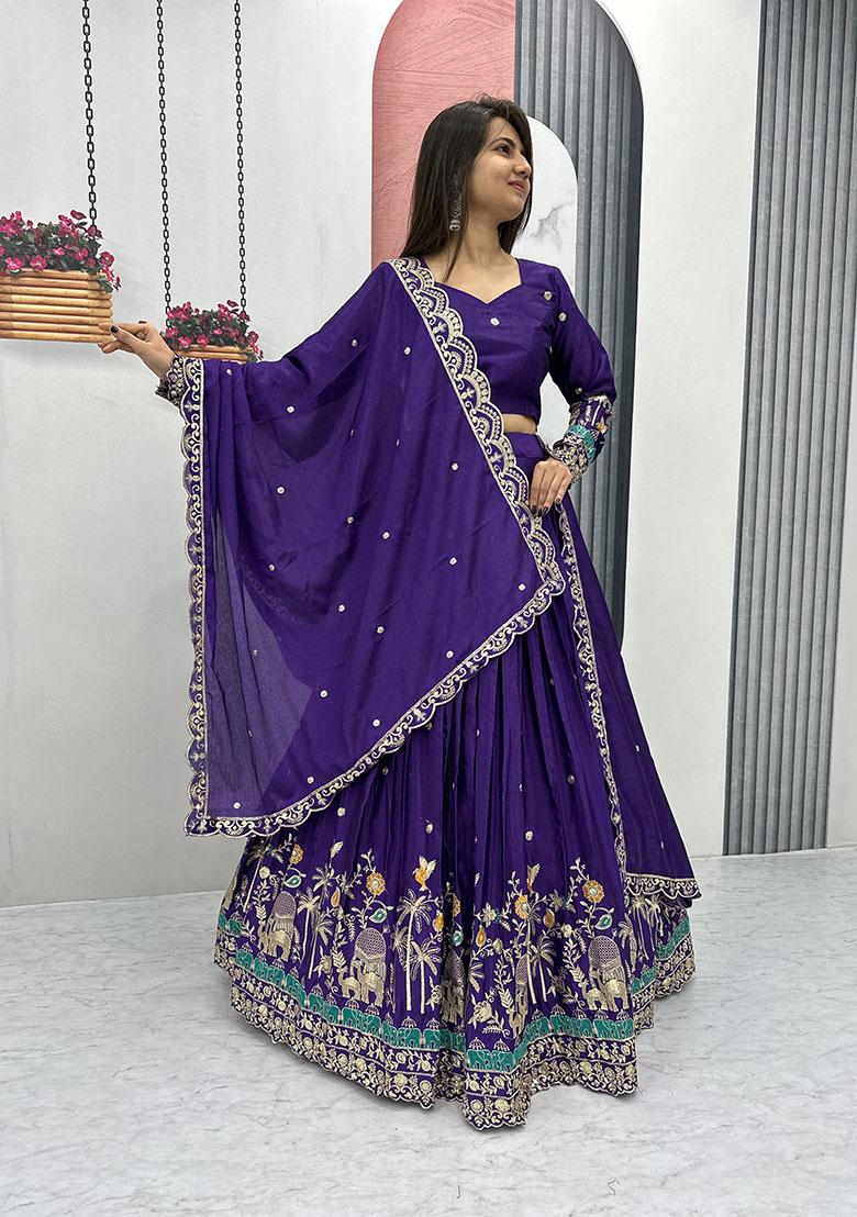Blue Embroidered Chinon Lehenga Set