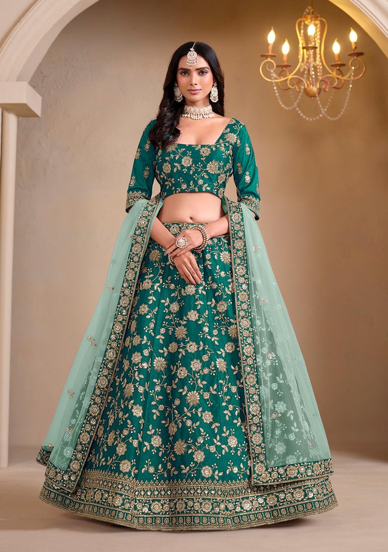 Green Embroidered Crepe Lehenga Set